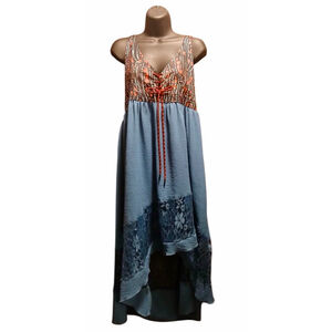 Women's Teal Blue and Printed Lace-Up High-Low Boho Dress - JC412